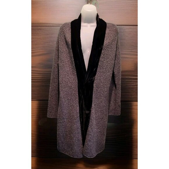 J Jill Gray Black Merino Wool Silk Open Long Cardigan Sweater Velvet Trim Sz M - Picture 1 of 6